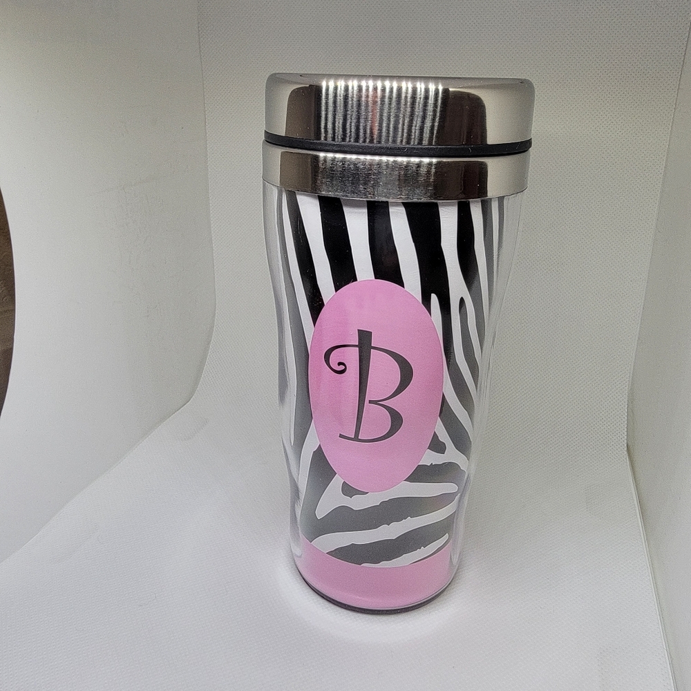 Pink and Black Zebra Print Tumbler With Letter "B"